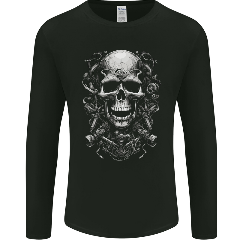 Engine Skull Motorcycle Biker Mechanic Car Mens Long Sleeve T-Shirt Black