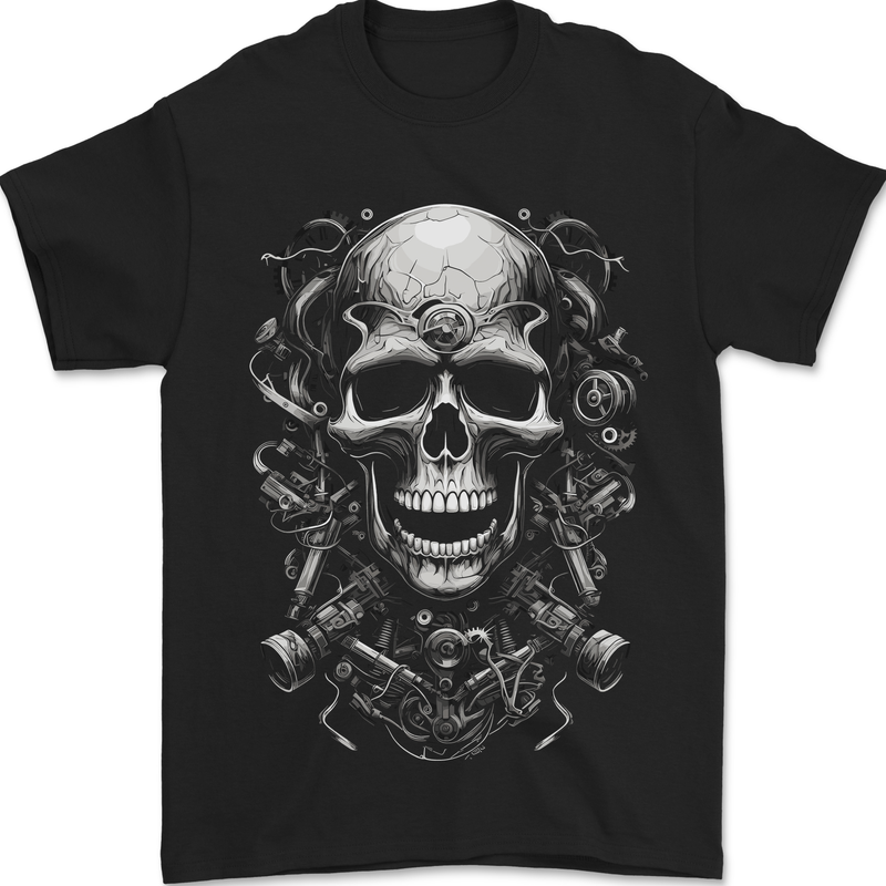Engine Skull Motorcycle Biker Mechanic Car Mens T-Shirt 100% Cotton Black