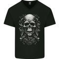 Engine Skull Motorcycle Biker Mechanic Car Mens V-Neck Cotton T-Shirt Black