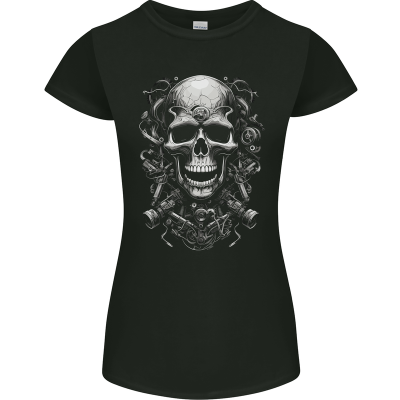 Engine Skull Motorcycle Biker Mechanic Car Womens Petite Cut T-Shirt Black