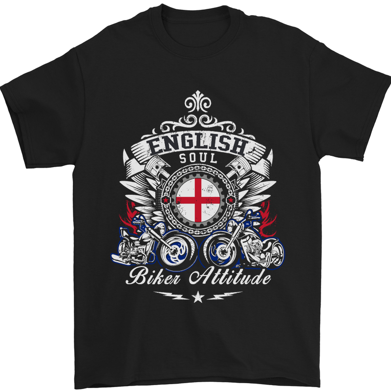 a black t - shirt with an english flag and a motorcycle emblem