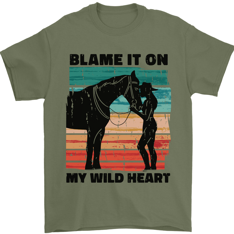 Equestrian Horse Riding My Wild Heart Mens T-Shirt 100% Cotton Military Green