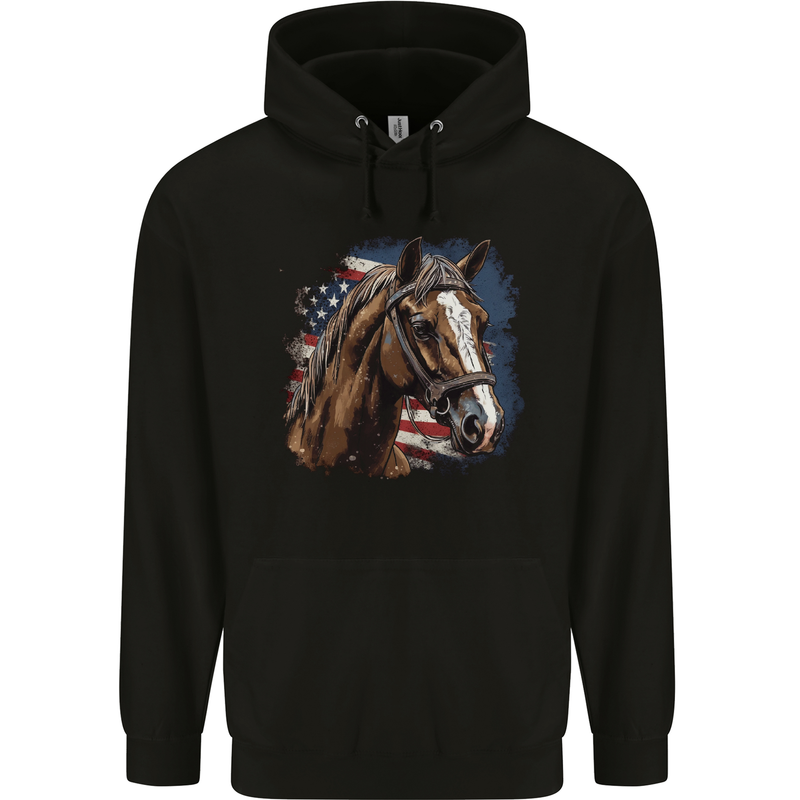 Equestrian Horse Riding USA Flag Cowboy Mens 80% Cotton Hoodie Black