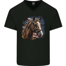Equestrian Horse Riding USA Flag Cowboy Mens V-Neck Cotton T-Shirt Black