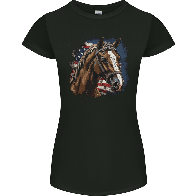 Equestrian Horse Riding USA Flag Cowboy Womens Petite Cut T-Shirt Black