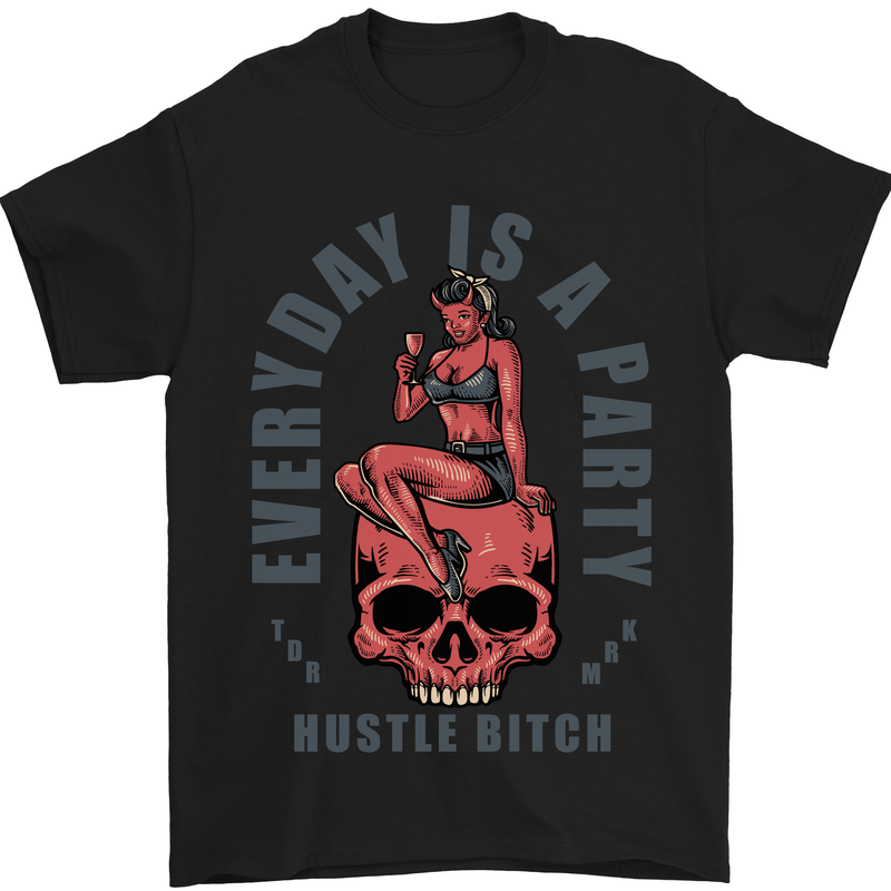 a black t - shirt with a woman sitting on top of a skull