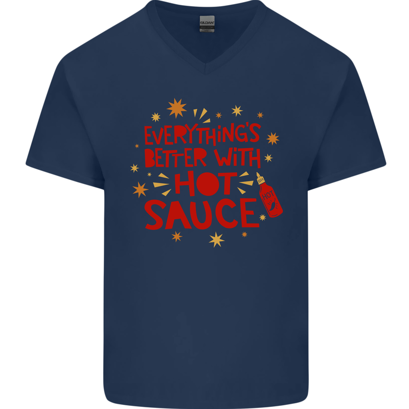 Everything's Better With Hot Sauce Funny Food Mens V-Neck Cotton T-Shirt Navy Blue