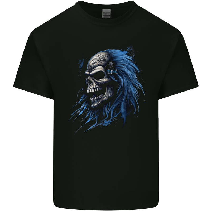 Evil Blue Skull With Blue Hair Heavy Metal Kids T-Shirt Childrens Black