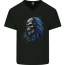 Evil Blue Skull With Blue Hair Heavy Metal Mens V-Neck Cotton T-Shirt Black