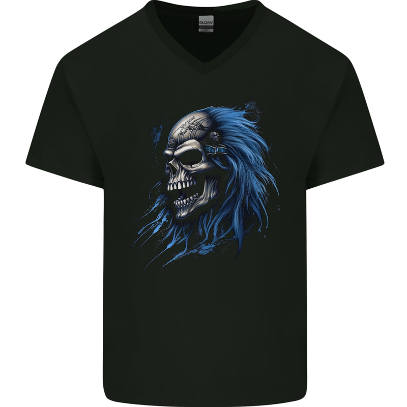 Evil Blue Skull With Blue Hair Heavy Metal Mens V-Neck Cotton T-Shirt Black