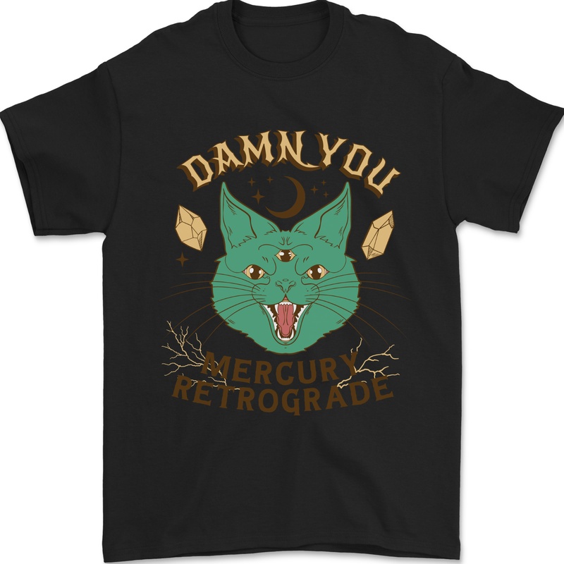 Evil Cat Damn You Mercury Retrograde Mens T-Shirt 100% Cotton Black
