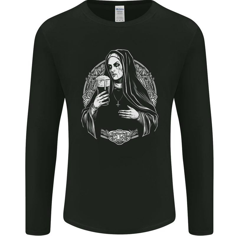 Evil Nun Drinking Beer Horror Halloween Mens Long Sleeve T-Shirt Black