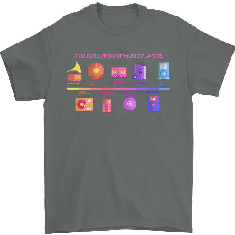 Evoloution Of Music Players Vinyl CD MP3 Mens T-Shirt 100% Cotton Charcoal