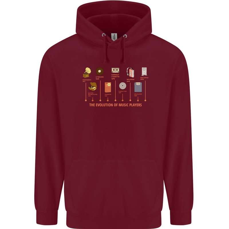 Evolution Of Music Players Vinyl MP3 CD Mens 80% Cotton Hoodie Maroon