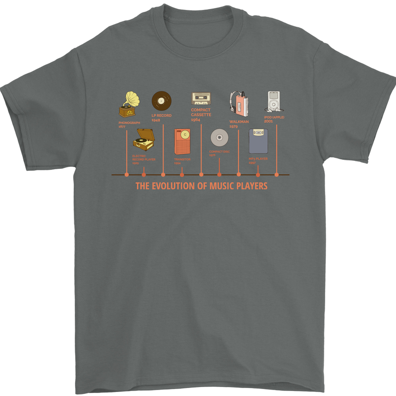 Evolution Of Music Players Vinyl MP3 CD Mens T-Shirt 100% Cotton Charcoal