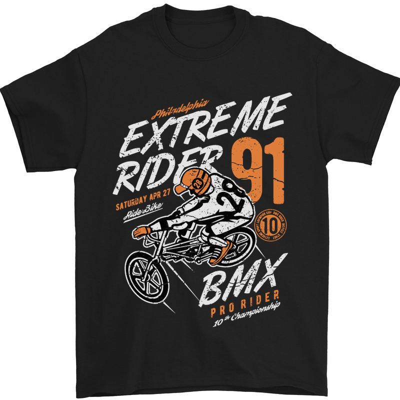 a black t - shirt with an image of a man riding a bike