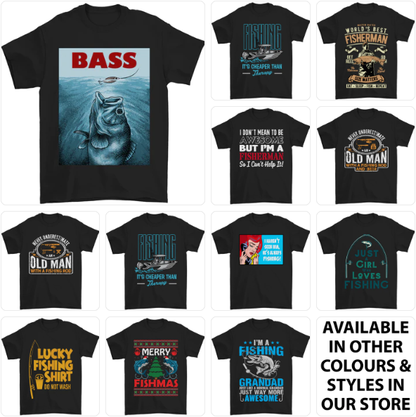 a group of t - shirts with different styles of bass on them