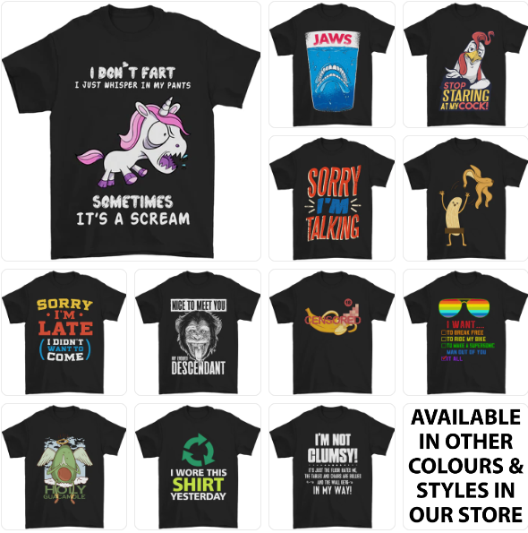 a group of t - shirts with different slogans on them