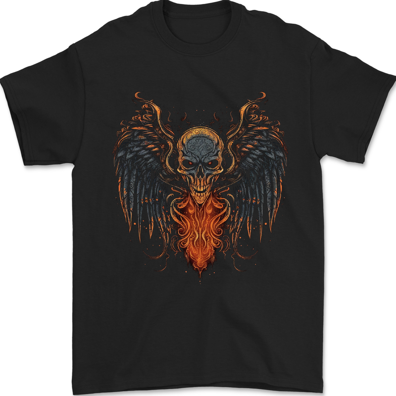 Fallen Angel Skull Demon Wing Flames Mens T-Shirt 100% Cotton Black