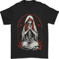 Fantasy Anime Girl Praying With Skulls & Roses Mens T-Shirt 100% Cotton Black