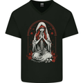 Fantasy Anime Girl Praying With Skulls & Roses Mens V-Neck Cotton T-Shirt Black