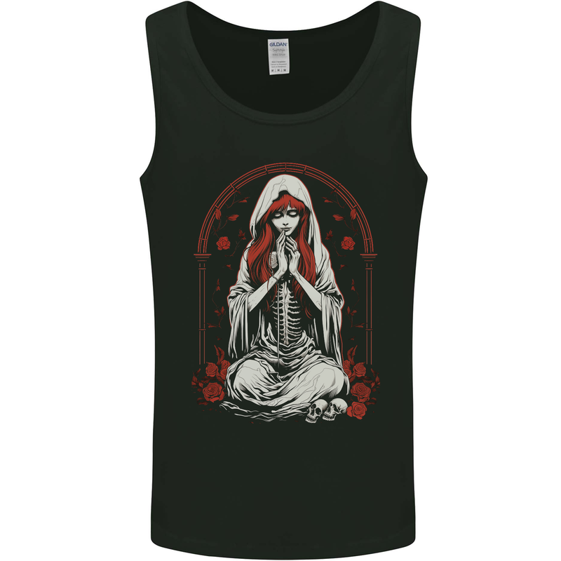 Fantasy Anime Girl Praying With Skulls & Roses Mens Vest Tank Top Black