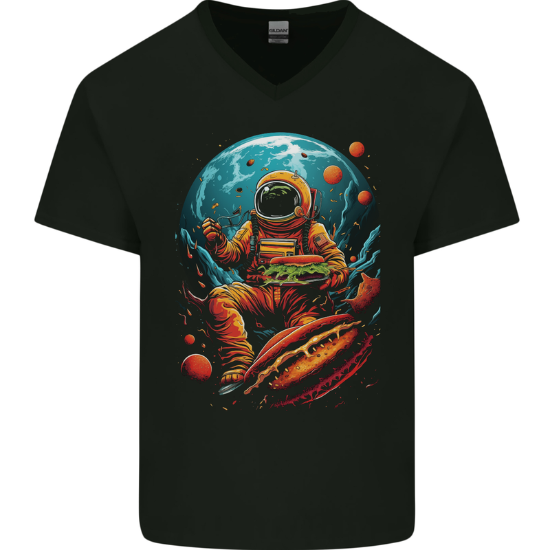 Fantasy Burger Space Astronaut Planets Food Mens V-Neck Cotton T-Shirt Black