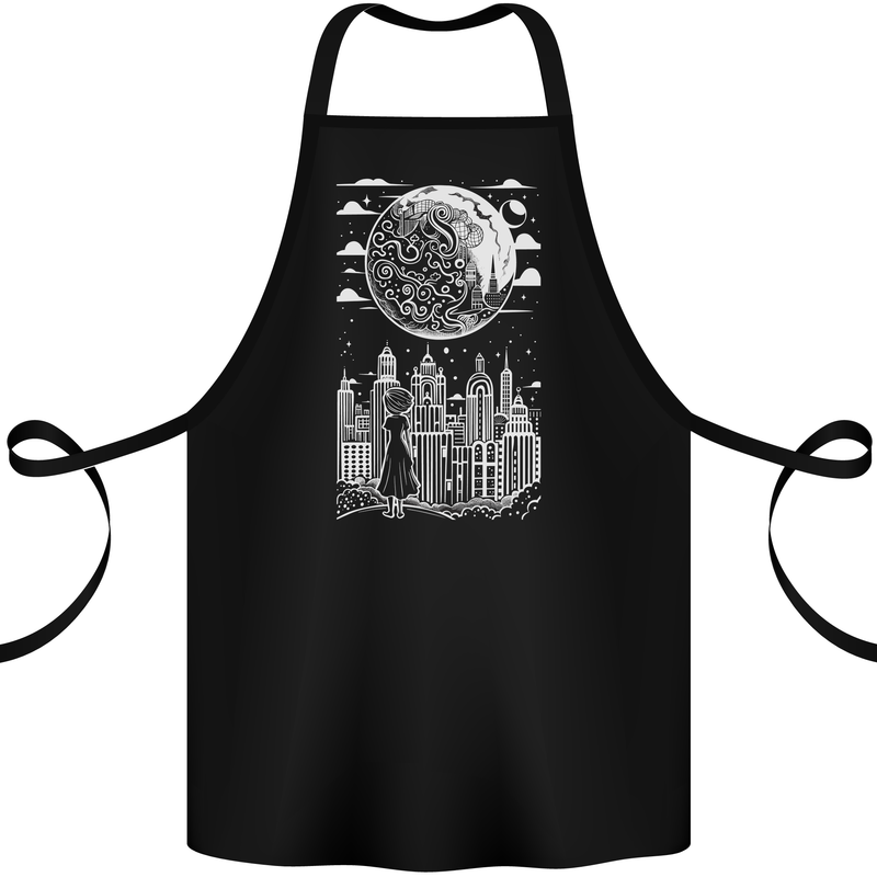 Fantasy City Black and White City Anime Cotton Apron 100% Organic Black