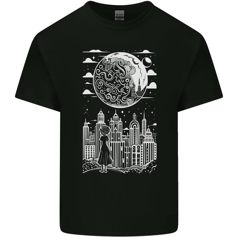 Fantasy City Black and White City Anime Mens Cotton T-Shirt Tee Top Black