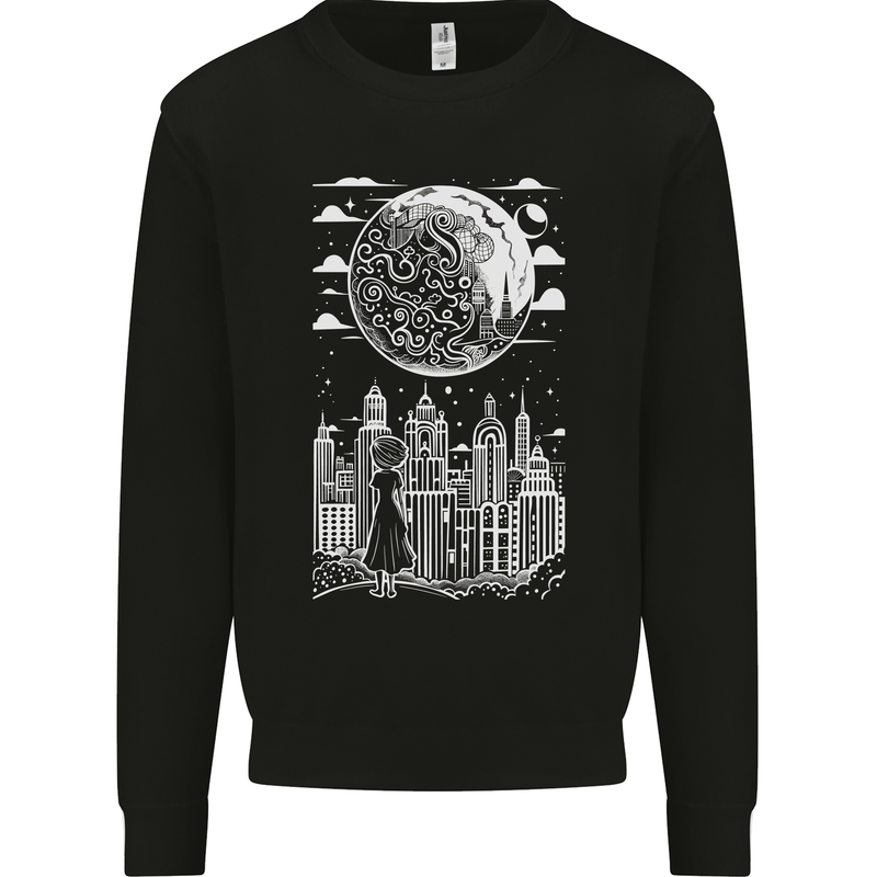 Fantasy City Black and White City Anime Mens Sweatshirt Jumper Black