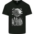 Fantasy City Black and White City Anime Mens V-Neck Cotton T-Shirt Black