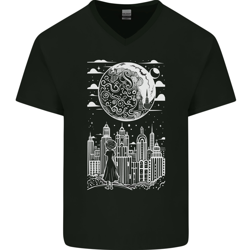Fantasy City Black and White City Anime Mens V-Neck Cotton T-Shirt Black