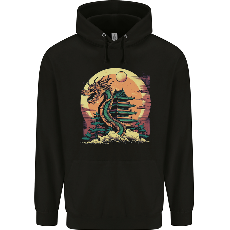 Fantasy Dragon Pagoda Mens 80% Cotton Hoodie Black