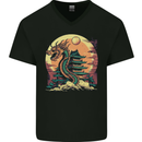 Fantasy Dragon Pagoda Mens V-Neck Cotton T-Shirt Black