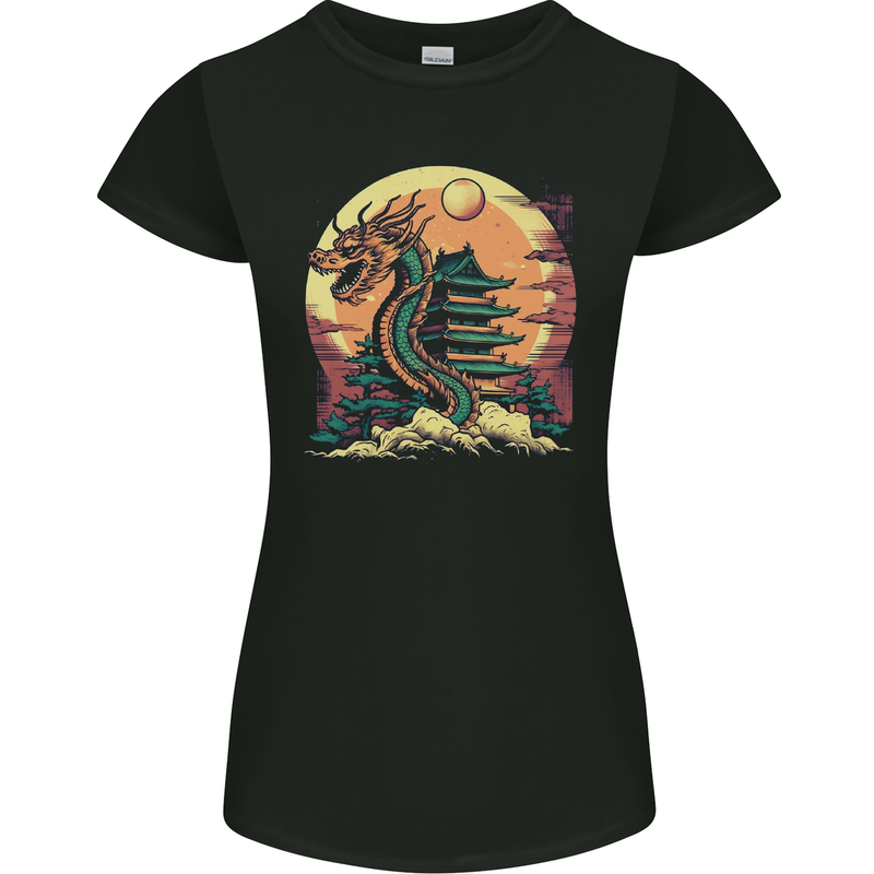 Fantasy Dragon Pagoda Womens Petite Cut T-Shirt Black