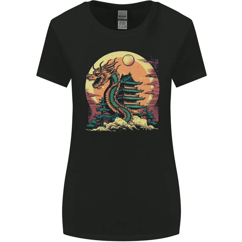 Fantasy Dragon Pagoda Womens Wider Cut T-Shirt Black