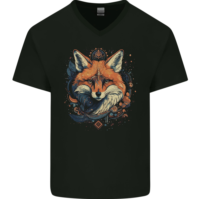 Fantasy Kitsune Japanese Folklore Fox Mens V-Neck Cotton T-Shirt Black