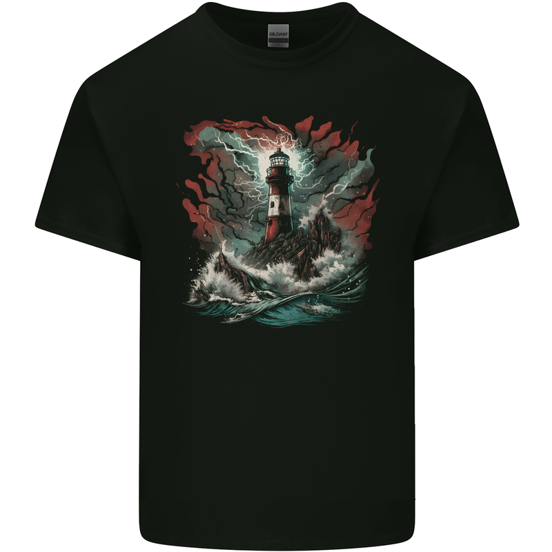 Fantasy Lighthouse Storm Mens Cotton T-Shirt Tee Top Black