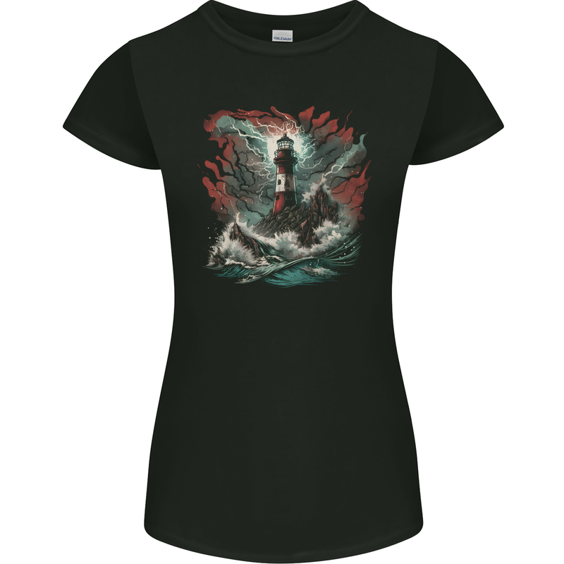 Fantasy Lighthouse Storm Womens Petite Cut T-Shirt Black