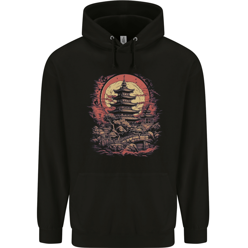 Fantasy Pagoda Sunset Mens 80% Cotton Hoodie Black