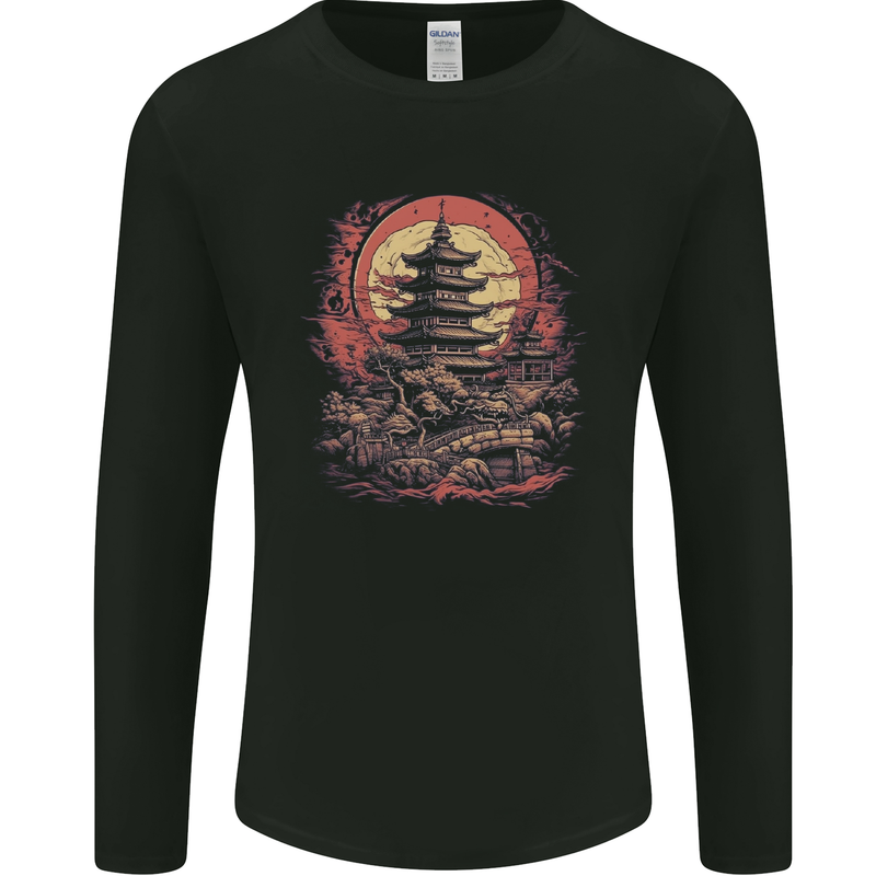 Fantasy Pagoda Sunset Mens Long Sleeve T-Shirt Black