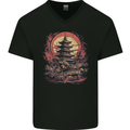 Fantasy Pagoda Sunset Mens V-Neck Cotton T-Shirt Black