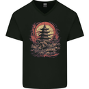 Fantasy Pagoda Sunset Mens V-Neck Cotton T-Shirt Black
