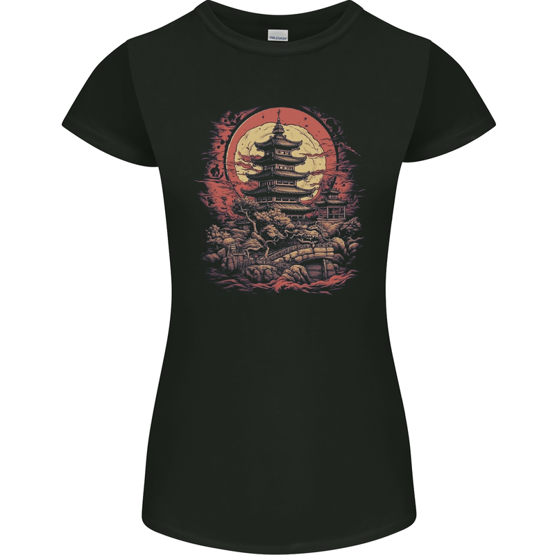 Fantasy Pagoda Sunset Womens Petite Cut T-Shirt Black
