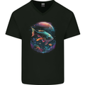 Fantasy Space Fish Mens V-Neck Cotton T-Shirt Black