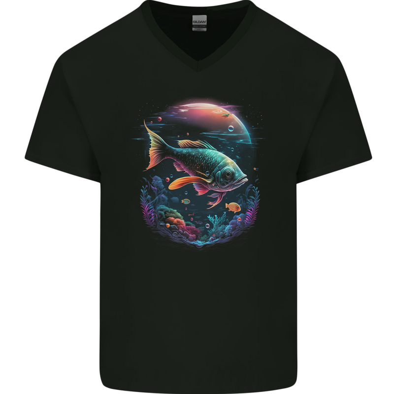Fantasy Space Fish Mens V-Neck Cotton T-Shirt Black