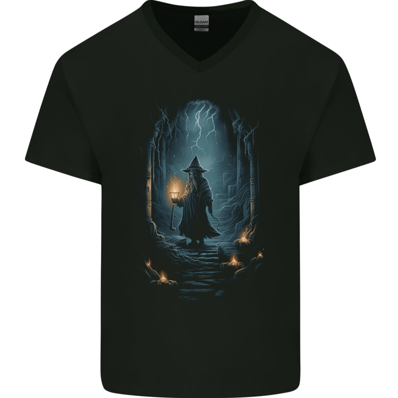 Fantasy Wizard Warlock 1 Mens V-Neck Cotton T-Shirt Black