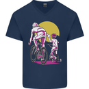 Father & Son Cycling Fathers Day Bicycle Bike Mens V-Neck Cotton T-Shirt Navy Blue