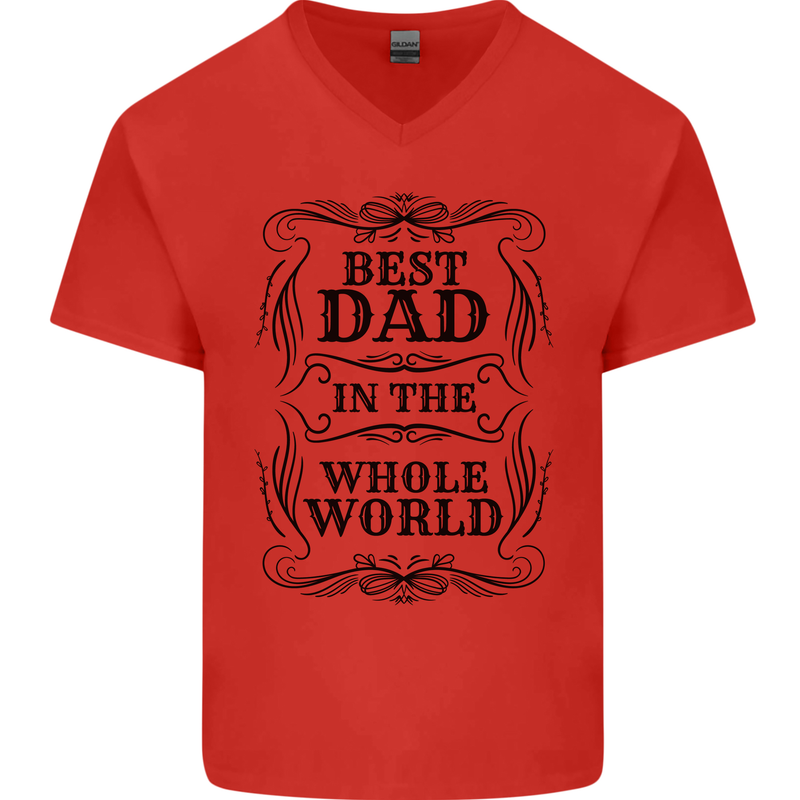 Fathers Day Best Dad in the Word Mens V-Neck Cotton T-Shirt Red