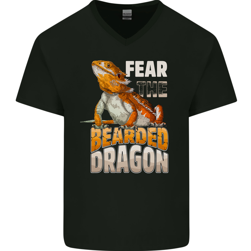 Fear the Bearded Dragon Mens V-Neck Cotton T-Shirt Black